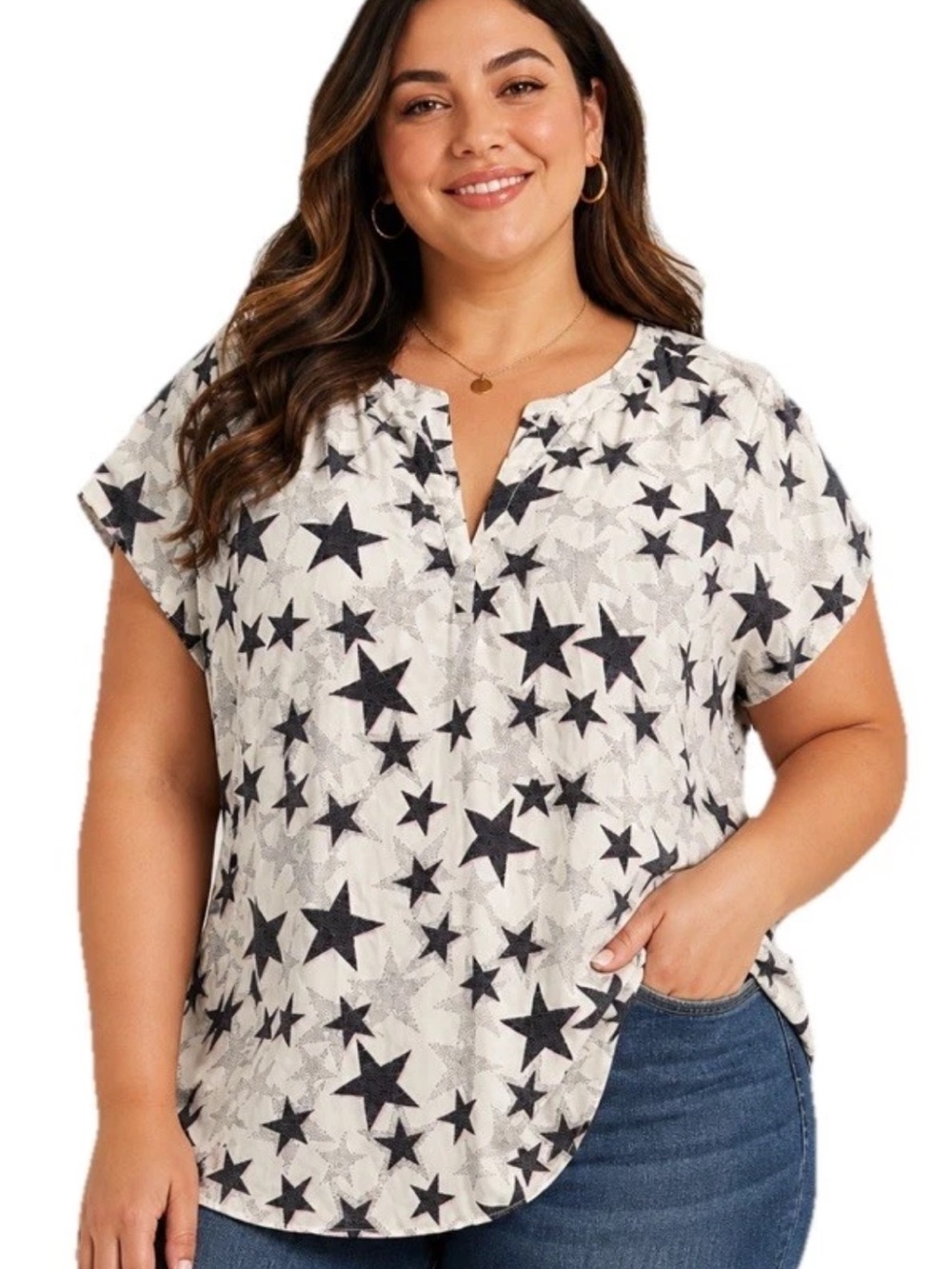 Torrid Georgette Hi-Low Short Sleeve V-neck Size 4X Navy Blush White Star Blouse